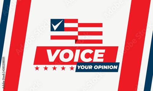 Voice your opinion. 2020 United States of America Presidential Election banner concept. . Election banner Vote 2020 with Patriotic Elements. Design for flyers, invitation card or print. 