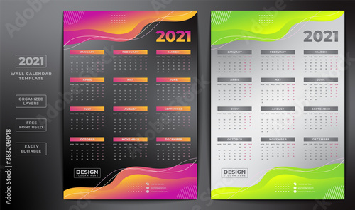 Colorful Wall Calendar Template 2021. Happy New Year 2021 Calender Design