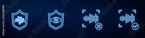 Set line Rejection voice recognition, Shield, eye scan and Voice. Glowing neon icon on brick wall. Vector.
