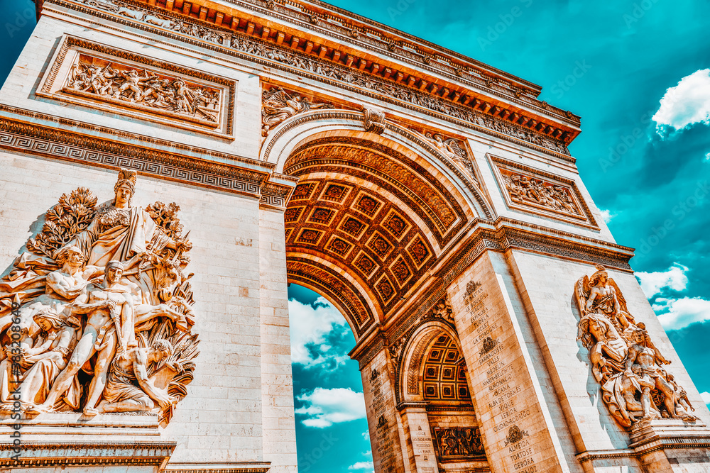 Moldings and decorations on the Arc de Triomphe in  Paris. France.