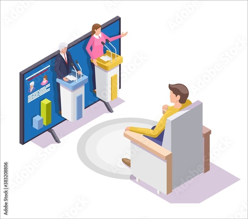 Man watching tv show with presidential election candidate debate. Political debate and democracy concept vector illustration in isometric style. Politician speech.