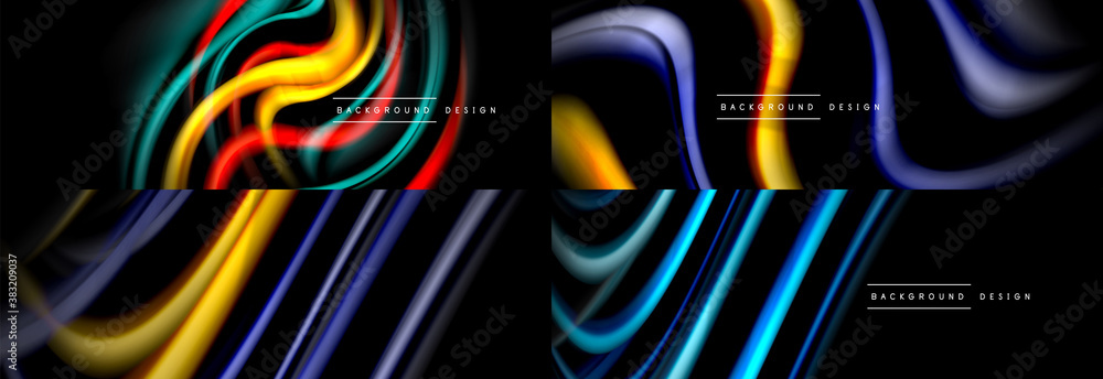 Obraz premium Set of fluid color abstract backgrounds. Liquid wave lines on black. Modern wallpapers