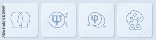 Set line Bipolar disorder, Psychology, Psi, and Broken heart divorce. White square button. Vector.