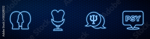 Set line Psychology, Psi, Bipolar disorder, Armchair and . Glowing neon icon on brick wall. Vector.