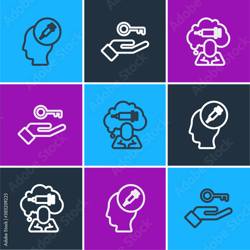 Set line Addiction to the drug, and Solution problem icon. Vector.