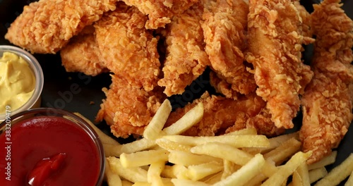Top view of tasty french fries and crispy chicken rotating on black