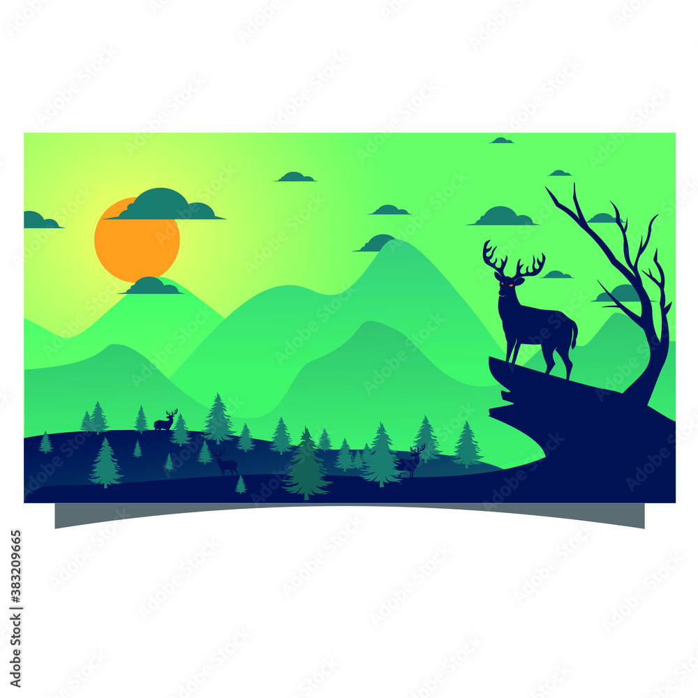 landscape with trees and deer