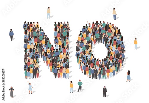 Word No made of many people, large crowd shape. Group of people stay in No sign formation. Social activity, collective action and public engagement. Vector illustration in isometric style.