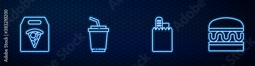 Set line Online ordering and delivery, pizza, Paper glass with water and Burger. Glowing neon icon on brick wall. Vector.