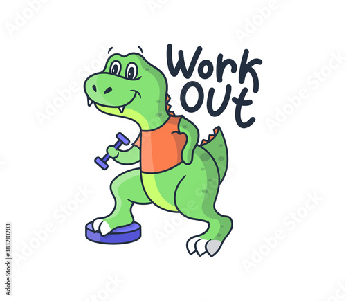 Cartoonish sport dinosaur with a lettering phrase - Work out. The green dino boy in an orange t-shirt pulls up a dumbbell. Good for cloth designs  stickers etc. Vector illustration 