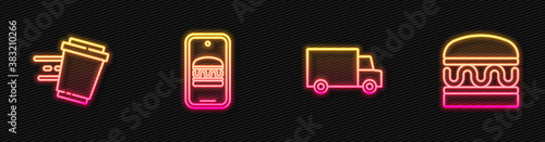 Set line Fast delivery by car, Coffee cup to go, Online ordering and and Burger. Glowing neon icon. Vector.