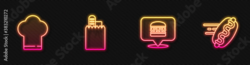 Set line Online ordering burger delivery, Chef hat, and and hotdog. Glowing neon icon. Vector.