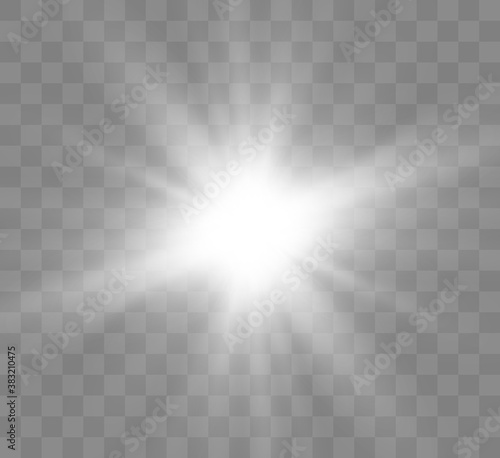 White glowing light explodes on a transparent background. Bright Star. Transparent shining sun  bright flash. Vector graphics. 