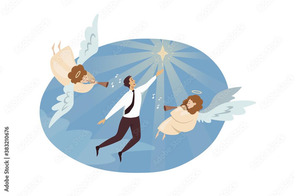 Religion, christianity, support, success, goal achievement concept. Angels biblical characters playing on pipes glorifying young businessman clerk manager flying to star. Divine startup assistance.
