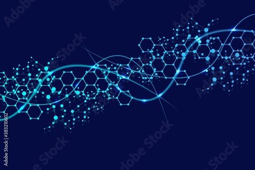 Structure molecule and communication. Dna, atom, neurons. Scientific concept for your design. Connected lines with dots. Medical, technology, chemistry, science background. Vector illustration.