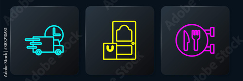 Set line Fast delivery by car, Cafe and restaurant location and Online ordering. Black square button. Vector.