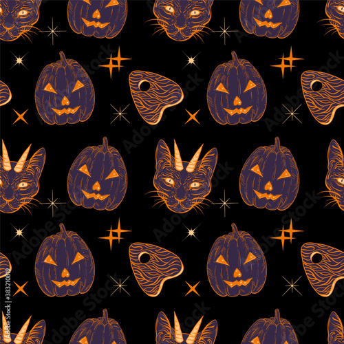 Witchcraft seamless pattern with devil cat, ouija board and halloween pumpkin. Mystic, occult background. Trendy vector illustration.