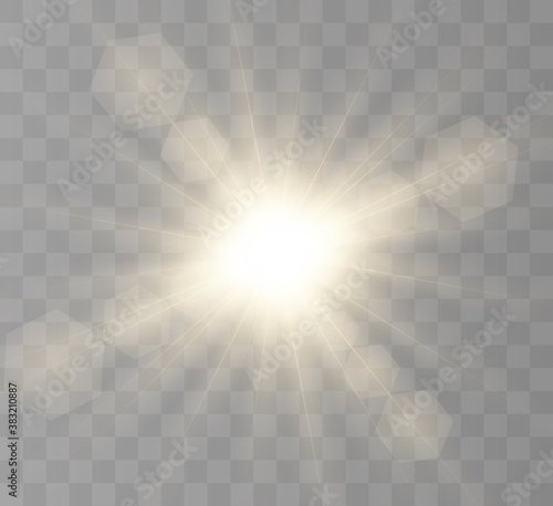Yellow glowing light burst explosion with transparent. Vector illustration for cool effect decoration with ray sparkles. Bright star. Transparent shine gradient glitter  bright flare. Glare texture.