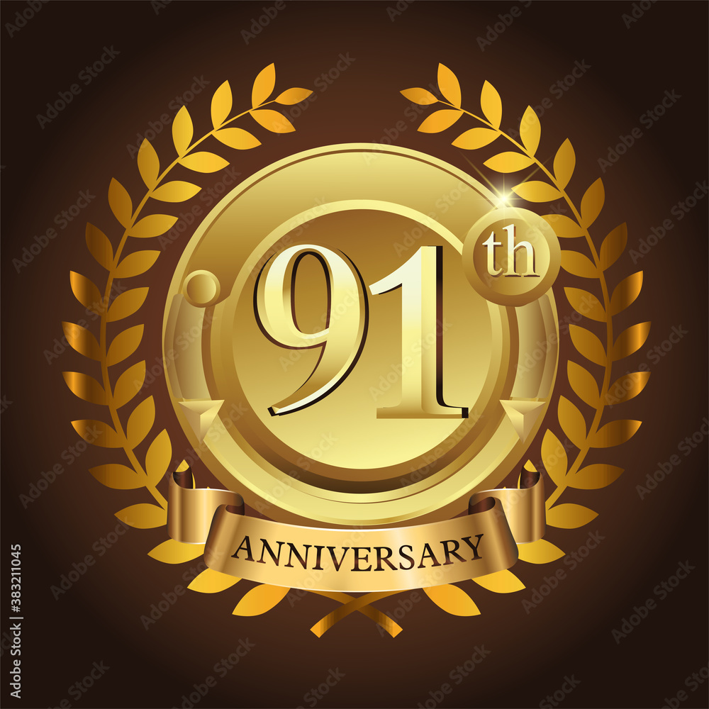 Naklejka premium 91st golden anniversary wreath ribbon logo