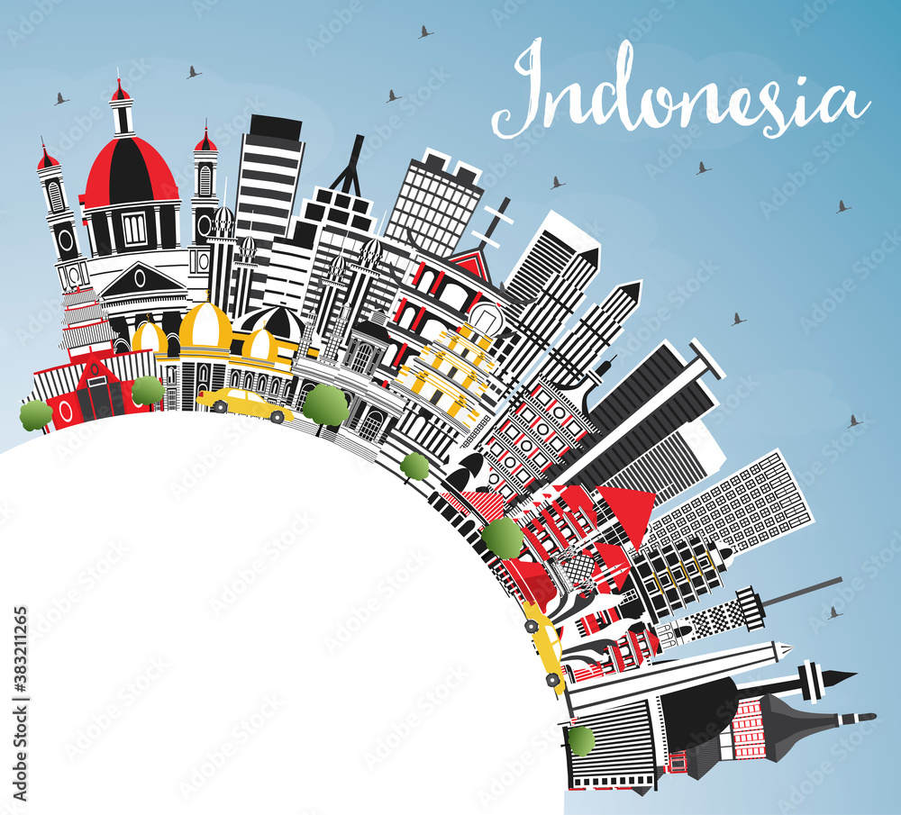 Indonesia Cities Skyline with Gray Buildings, Blue Sky and Copy Space.
