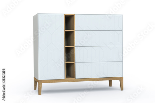 3D illustration. White modern design chest of drawers isolated on white background. Solid oak wood legs. Thin body edges. Rhombus ornament on facades. Doors, drawers with push opening system.