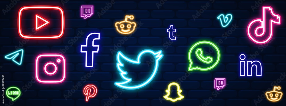 Social Media Facebook Twitter Instagram Youtube Reddit Telegram Snapchat Pinterest Tiktok Logo Social Media Background Social Media Vector Set Social Media Icon Neon Stock Vector Adobe Stock