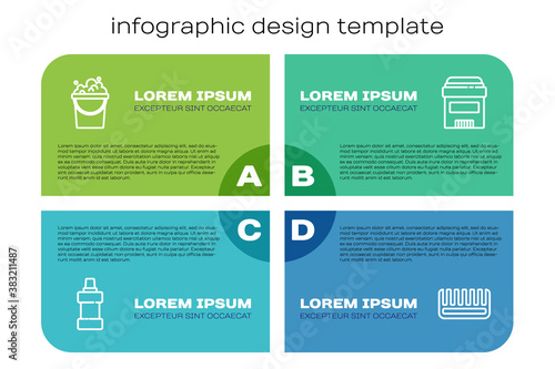 Set line Bottle for cleaning agent, Bucket with soap suds, Hairbrush and Antiperspirant deodorant roll. Business infographic template. Vector.