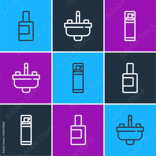 Set line Bottle for cleaning agent, Shaving gel foam and Washbasin with water tap icon. Vector.