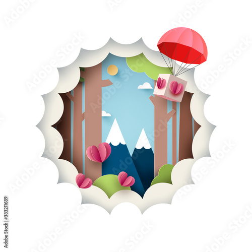 Paper art of Love concept.Green nature forest landscape with red parachute with origami paper hearts on blue sky background.