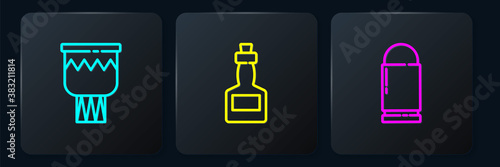 Set line Drum, Bullet and Tabasco sauce. Black square button. Vector.
