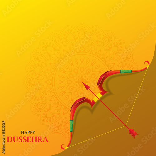 Happy Dussehra Indian Festival card with bow and arrow on Orange Background with Mandala.