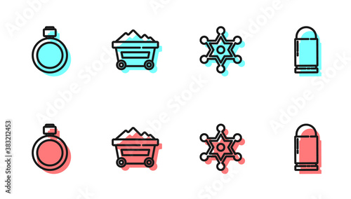 Set line Hexagram sheriff, Canteen water bottle, Coal mine trolley and Bullet icon. Vector.