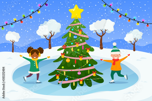 Christmas and Happy New Year vector illustration. Happy kids on ice rink with christmas tree. Winter background.