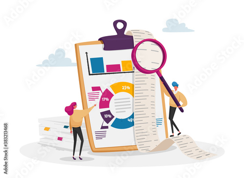 Tiny Accountant Characters Make Accountant Report Check Money Balance at Huge Clip Board Calculate Bookkeeping Data