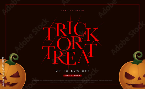 Trick or treat spacial offer halloween sale. Flyer or invitation template for Halloween party, printing, logo sale. Vector illustration
