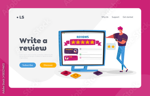 Ranking Evaluation and Rating Landing Page Template. Male Character Negative User Experience Online Review, Bad Feedback