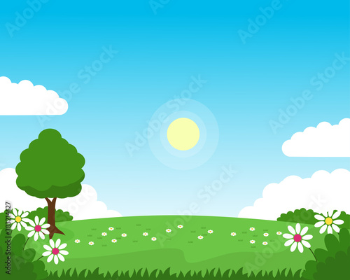 Spring nature landscape vector with green grass  blue sky  and flowers suitable for background or illustration 
