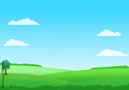 Simple and beautiful field landscape vector with green grass and blue sky suitable for illustration or background 