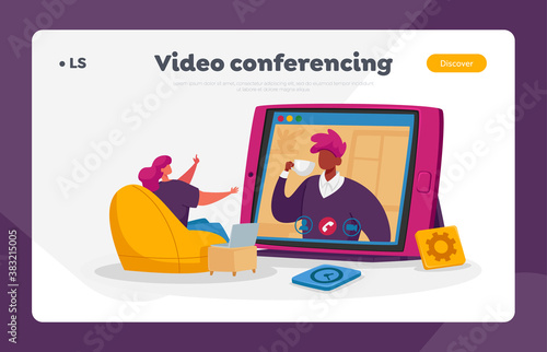 Remote Conference Internet Technologies Landing Page Template. Characters Sitting at Office or Home with Digital Devices