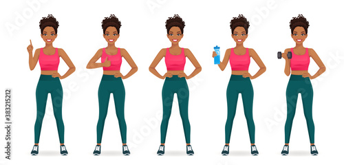 Sport african fitness woman in sportswear set isolated vector illustration