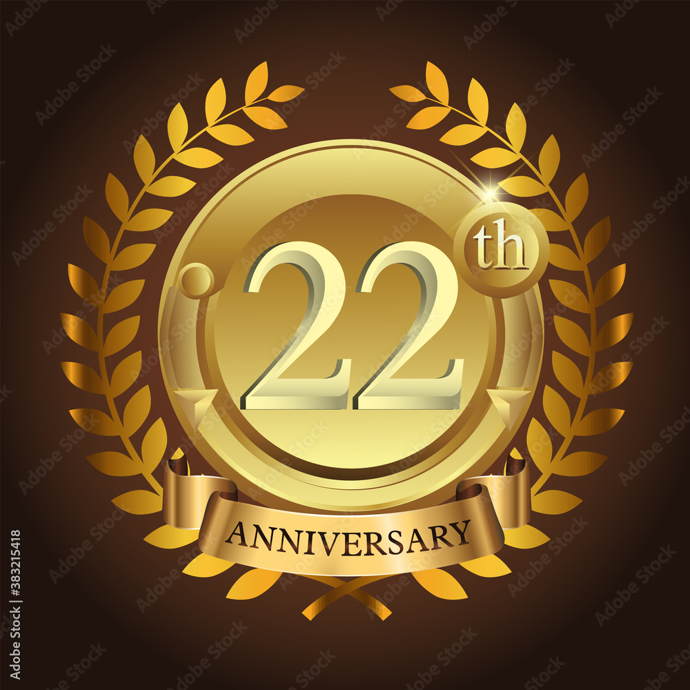 Naklejka premium 22nd golden anniversary wreath ribbon logo