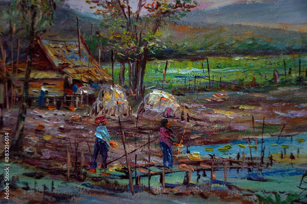     Art painting Oil color Hut northeast Thailand Countryside 