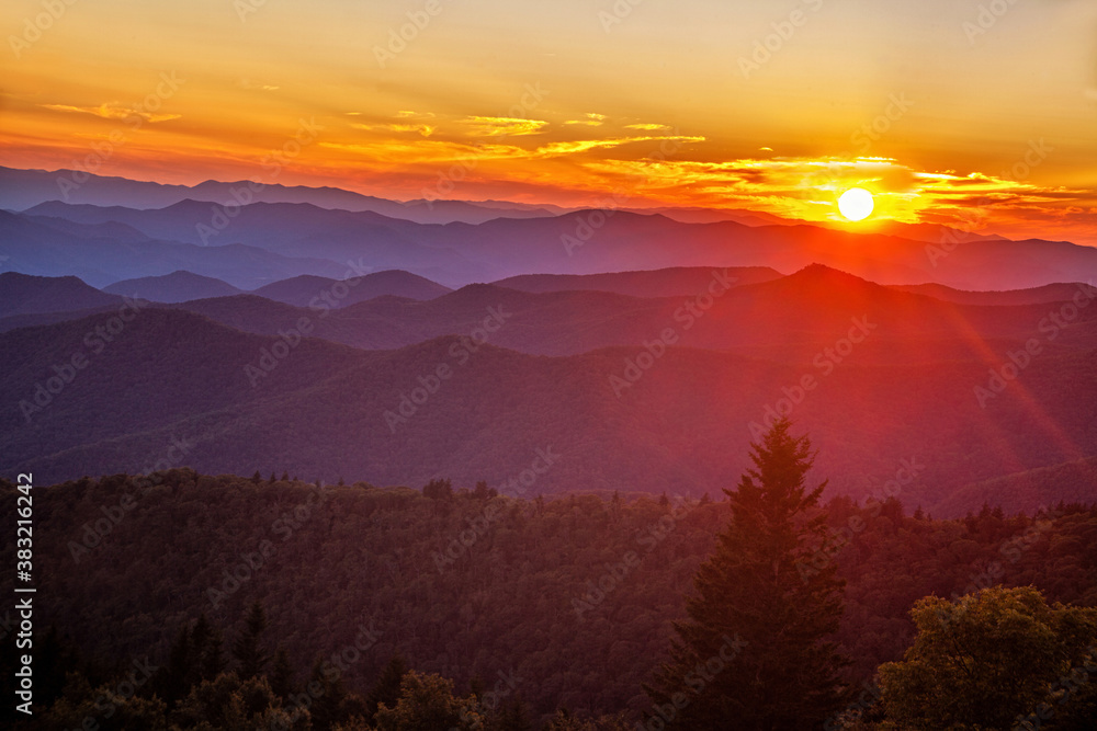 Sun setting over the Cowee Mountain Overlook in the Blue Ridge Mountains