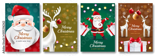 Set of Christmas cards with santa, deer, gifts and toys. Four greeting bright vertical cards. 