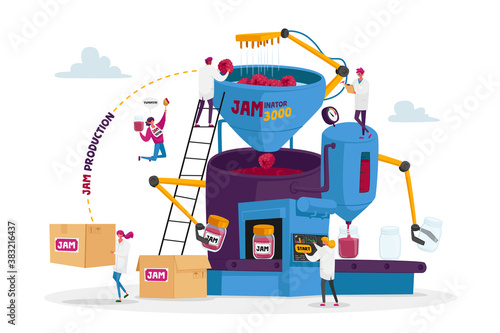 People Making Jam or Marmalade. Tiny Male Female Characters Stand on Ladders at Huge Factory Machine with Robotics Arms