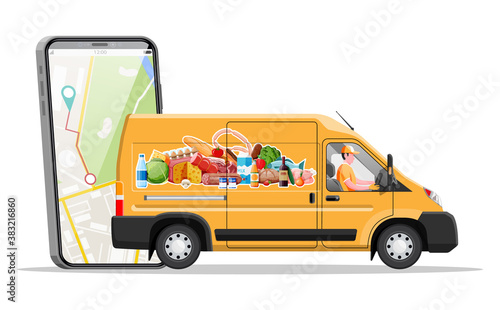 Delivery van full of food and smartphone. Concept of fast grocery delivery service. Supermarket, cafe, restaurant. Groceries products, bread, meat milk fruit vegetable drinks. Flat vector illustration