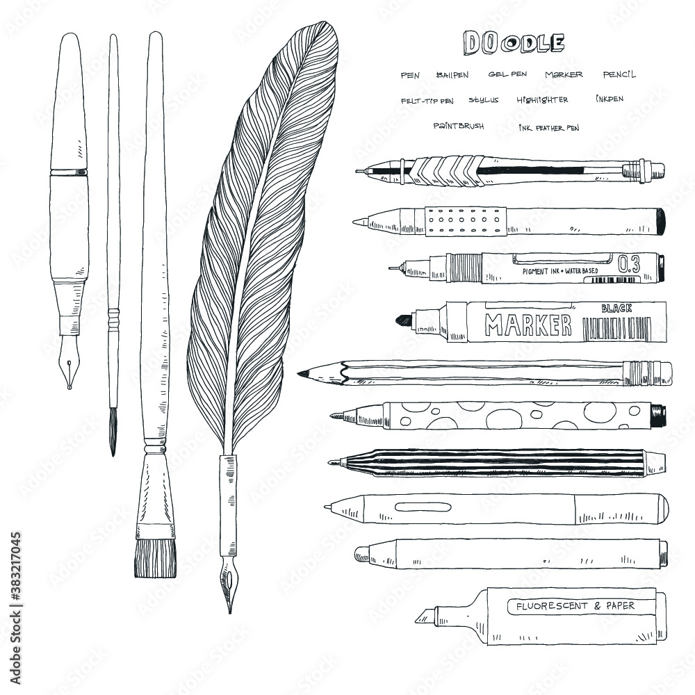 Stationery drawing tools doodle sketch style. Isolated vector