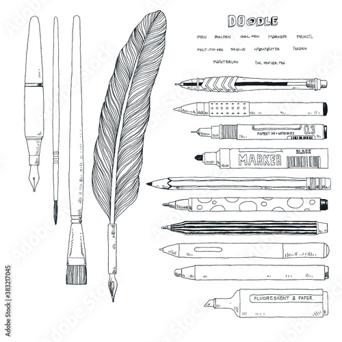 Stationery drawing tools doodle sketch style. Isolated vector illustration.