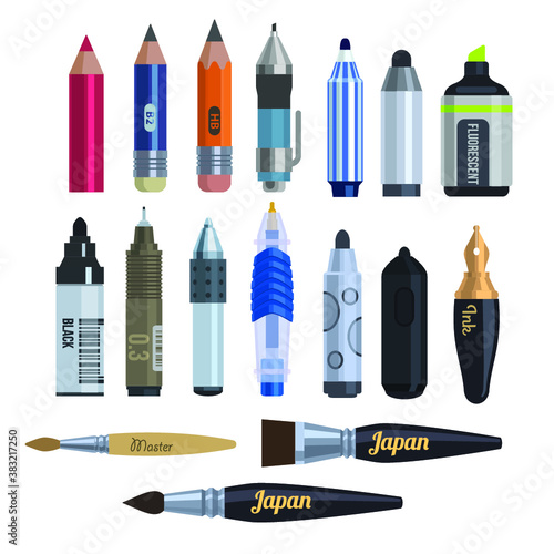 Stationery and art tools icons set: pens, pencils, auto pencil, ink pen, paintbrushes, stylus, markers and highlighter, isolated vector illustration. Design for web, stickers, logo and mobile app.