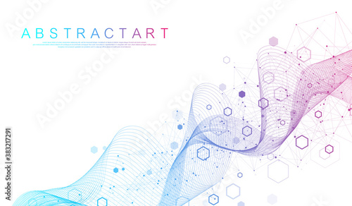 Technology abstract lines and dots connect background with hexagons. Hexagon grid. Hexagons connection digital data and big data concept. Hex digital data visualization. Vector illustration.